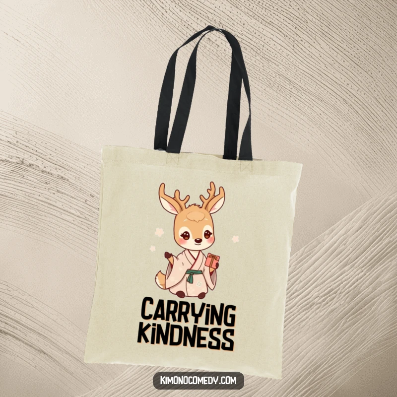 Funny deer tote bag featuring a gentle creature in a serene kimono, offering a small gift with a warm smile.