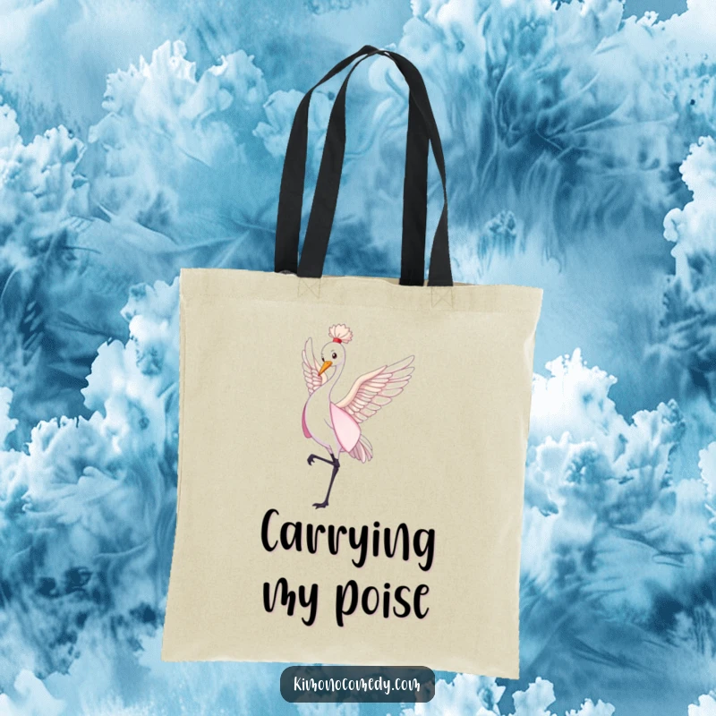Funny crane in a flowing kimono dancing gently, durable tote bag, elegant animal design, perfect humorous gift.
