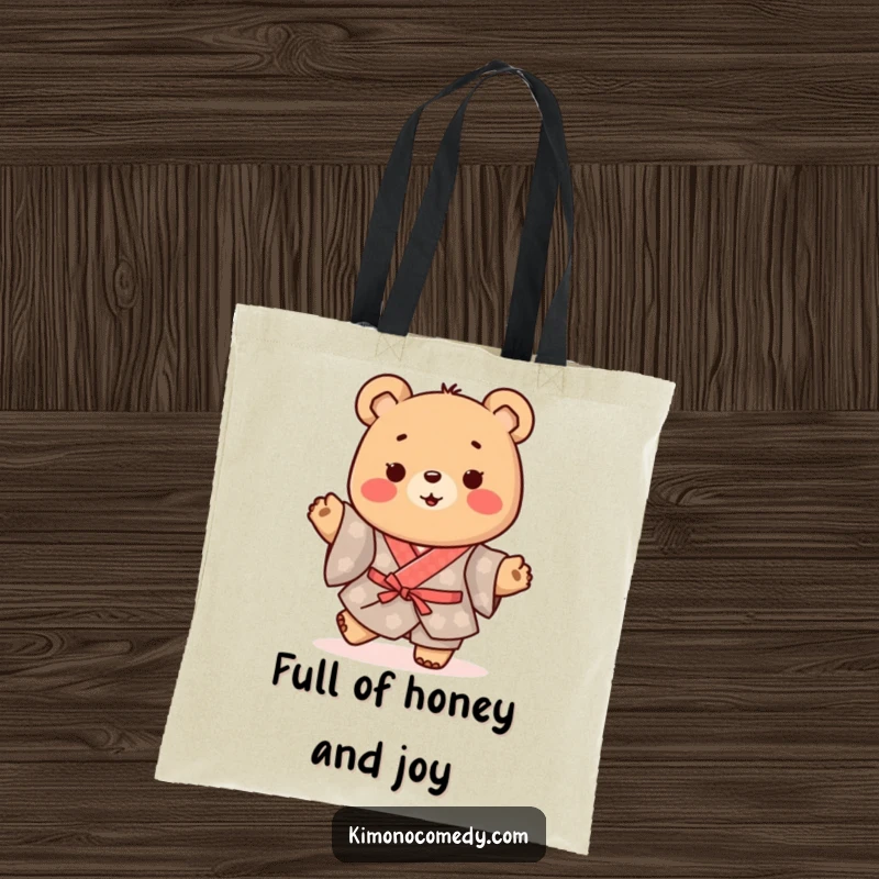Funny Kawaii Bear Tote Bag: Happy character in a traditional kimono, doing a little happy shuffle, perfect for daily use and cheerful style.