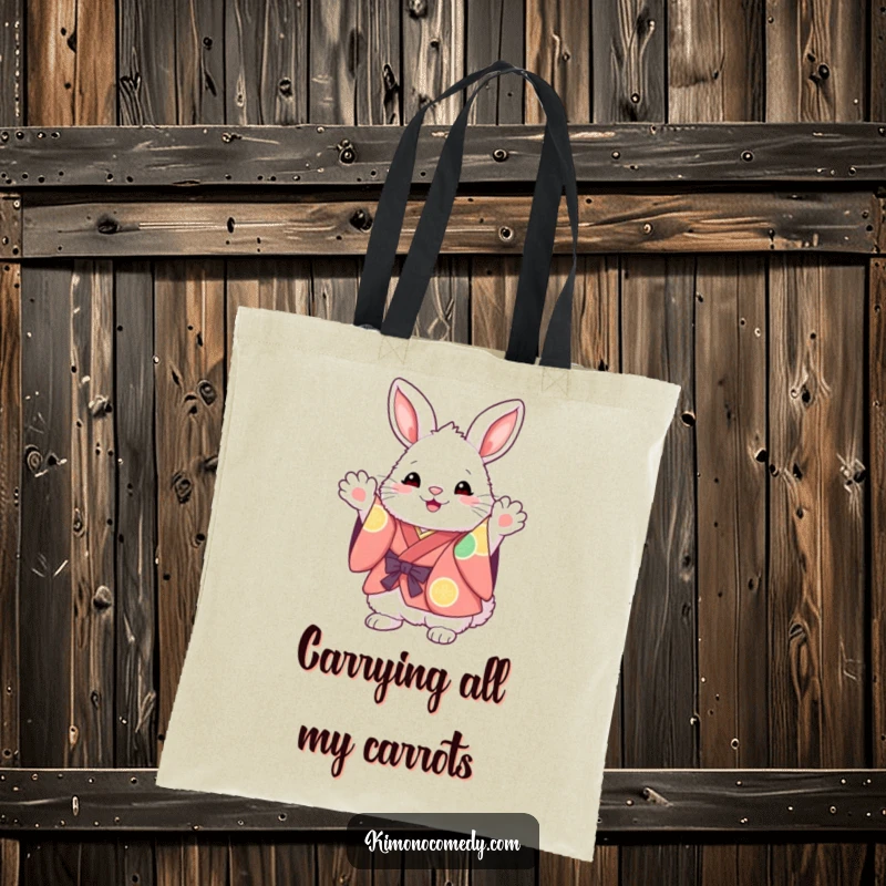 Funny Kaw Kawaii Bunny Tote Bag: Fluffy character in a vibrant kimono, excitedly waving paws, great for shopping and daily use.