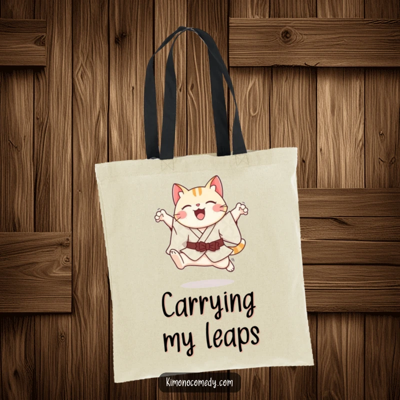 Funny cheerful kawaii cat in a patterned kimono, performing a graceful leap, on a durable tote bag.