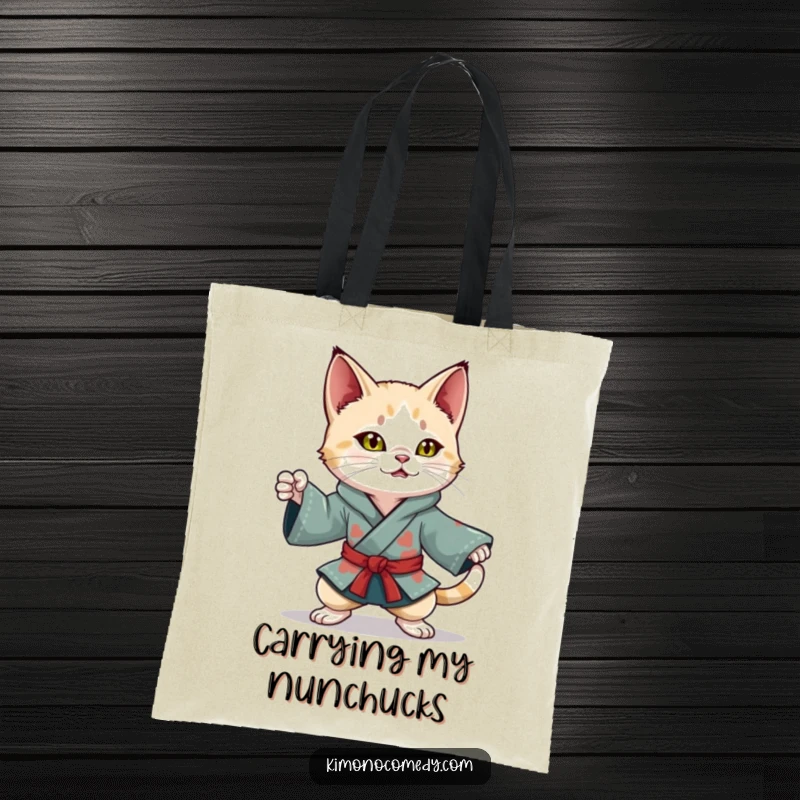 Funny Kawaii Cat Tote Bag: Playful character in a colorful kimono, striking a dynamic ninja pose, perfect for carrying essentials with style.