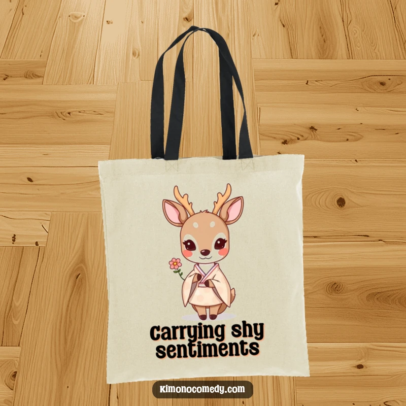 Funny shy kawaii deer in a pastel kimono, offering a small flower shyly, on a durable tote bag.