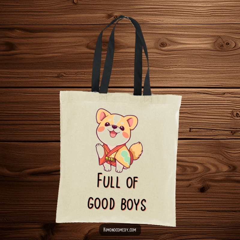 Funny kawaii dog in a bright kimono, wagging tail, enthusiastic tote bag for daily use.