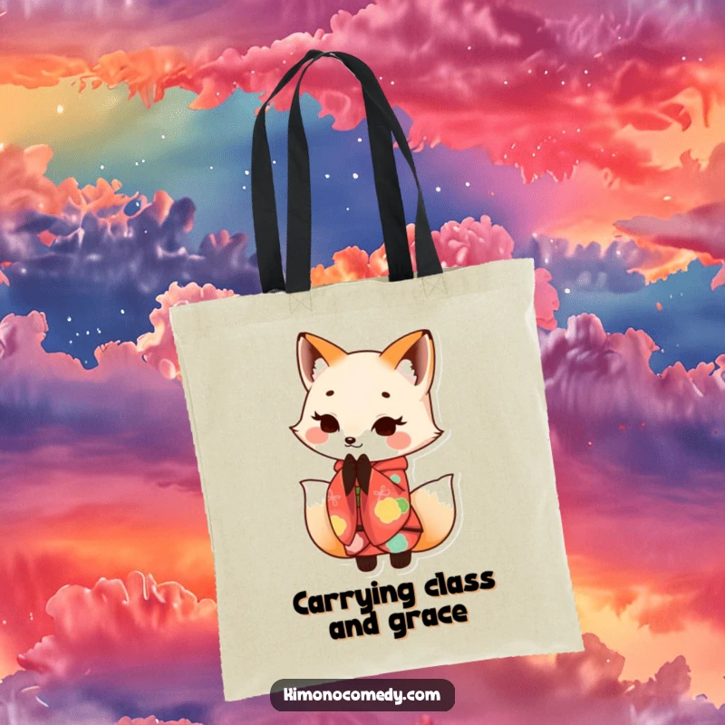 Funny Kawaii fox in a colorful kimono, bowing politely with a smile, on this tote bag, making it humorous and stylish.