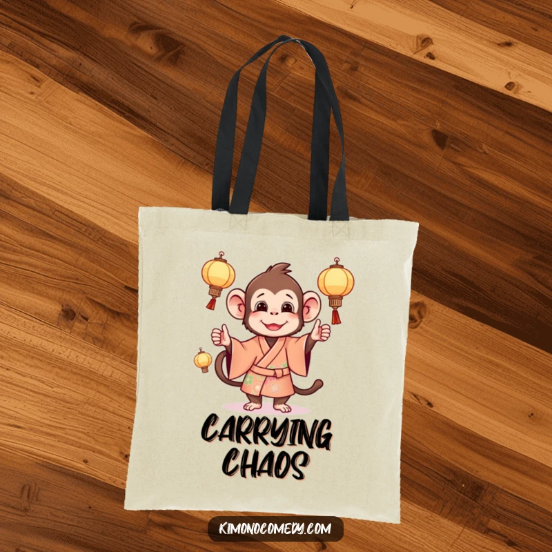 Funny monkey tote bag featuring a mischievous primate in a bright kimono, juggling glowing miniature lanterns.