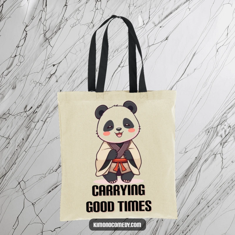 Funny canvas tote bag with a dignified panda in a traditional kimono, sharing a joyful laugh, perfect for stylish and humorous errands.