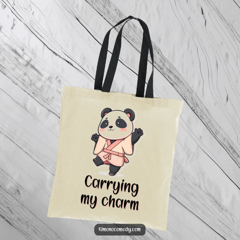 Funny panda tote bag, a panda wearing a vibrant kimono, striking a playful, leg-raised pose, funny gift.