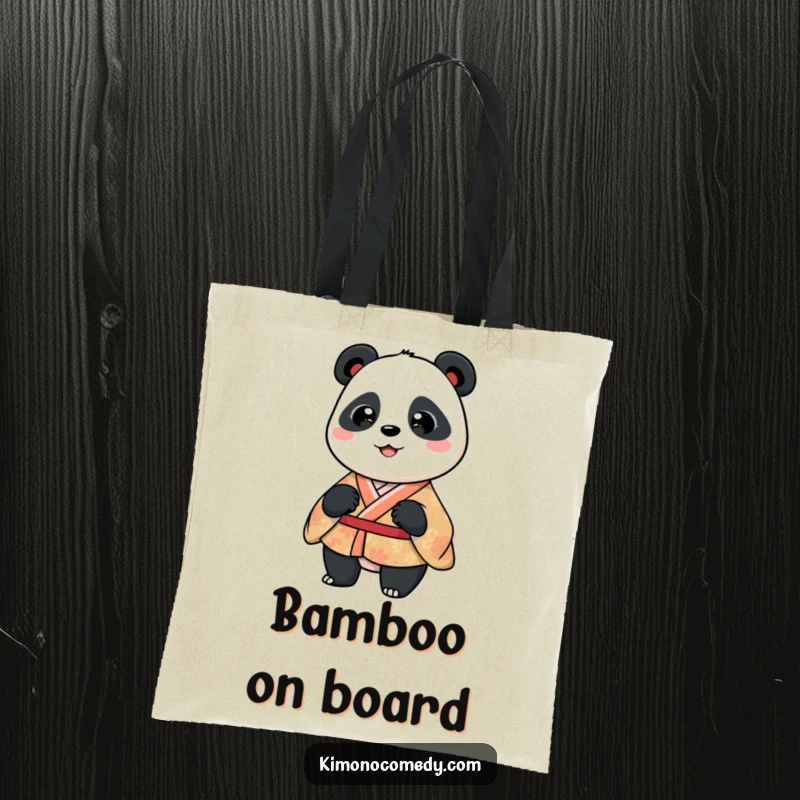 Funny panda in a patterned kimono, performing a silly, exaggerated wiggle. A cute and practical tote bag.