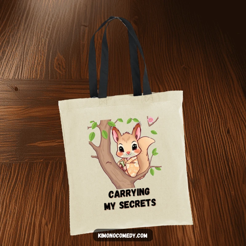 Funny tote bag featuring a curious squirrel in a patterned kimono, peeking from a tree branch, perfect for stylish carrying.