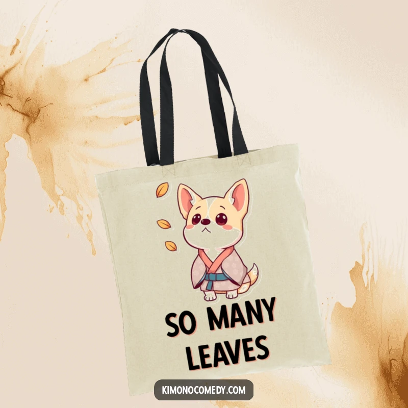 Funny dog tote bag featuring a surprised dog in a patterned kimono, ears perked, captivated by a falling leaf.