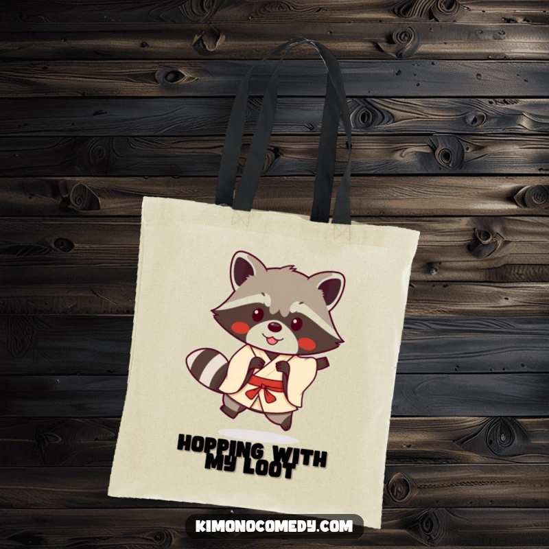 Funny kawaii raccoon in a simple kimono doing a playful hop on a tote bag, a humorous and cute anime accessory.