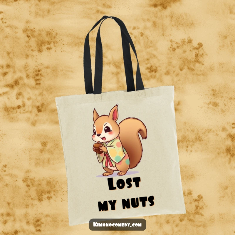 Funny tote bag showcasing a startled kawaii squirrel in a colorful kimono, dropping an acorn, perfect for carrying items with humorous flair.