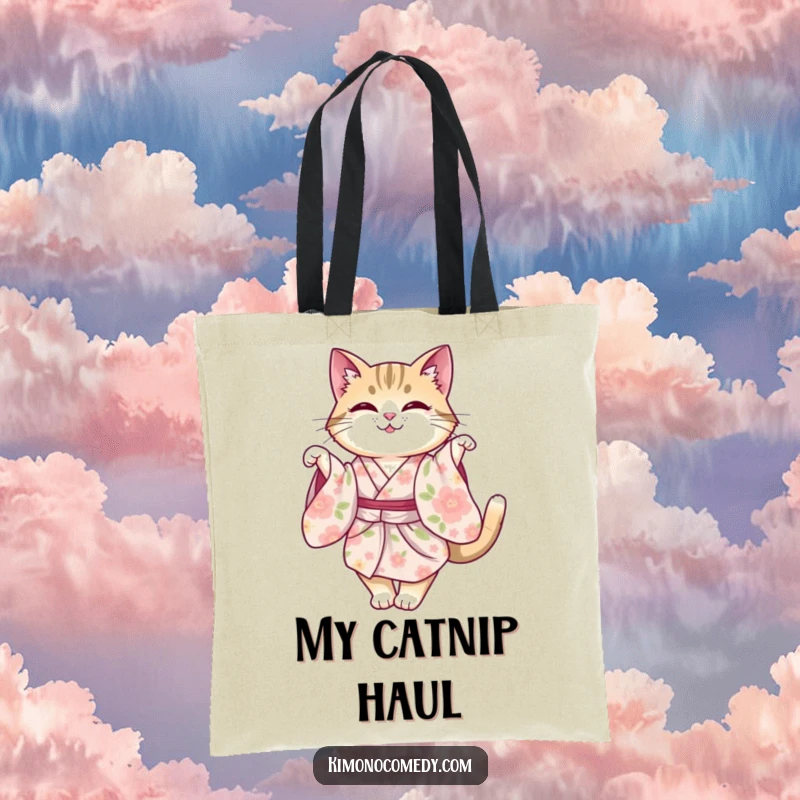 Funny cat in a floral kimono, performing a graceful and elegant twirl. A stylish and practical tote bag.