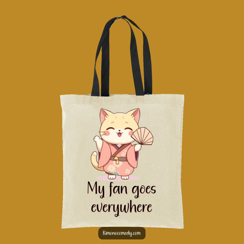 Funny Cat Fan Tote Bag: Kawaii Festive Kimono Bag, Joyful Waving Accessory Gift