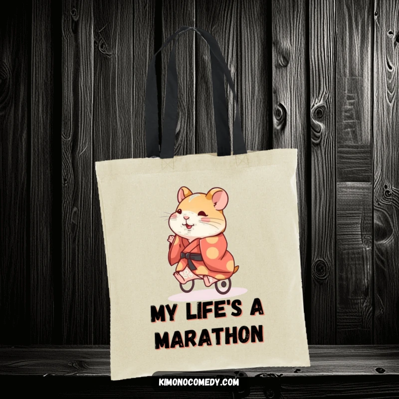 Funny Hamster Kimono Tote Bag: An energetic hamster in a kimono running on a wheel, a humorous and practical bag.